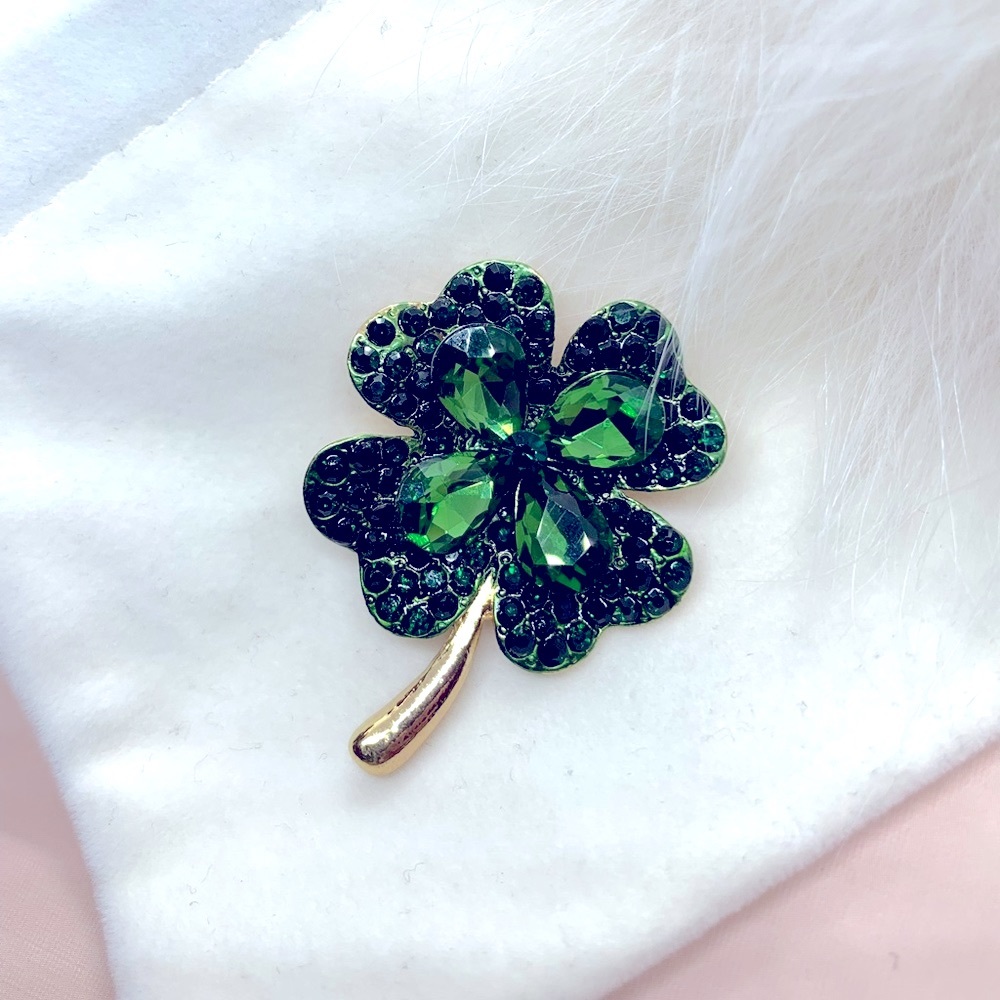 Green Crystals Four Leaves Lucky Clover Brooch